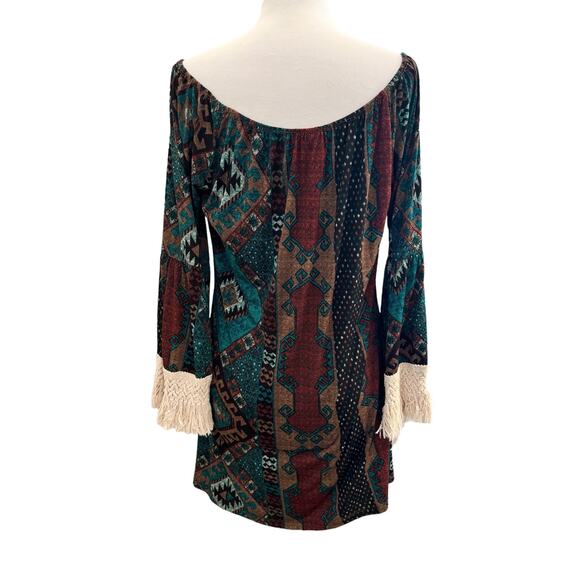 Stretchy Boho Bell Sleeve Fringe Western Southwestern Off Shoulder Sexy Dress XL - Picture 9 of 9